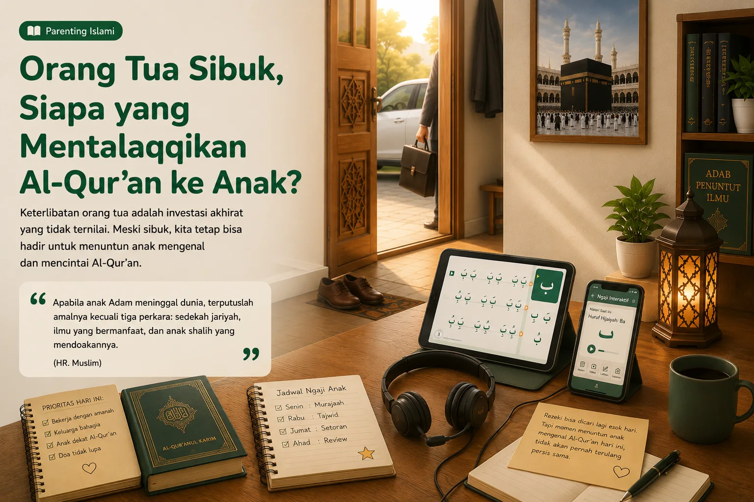 Ilustrasi orang tua sibuk tetap mendampingi anak belajar Al-Qur'an