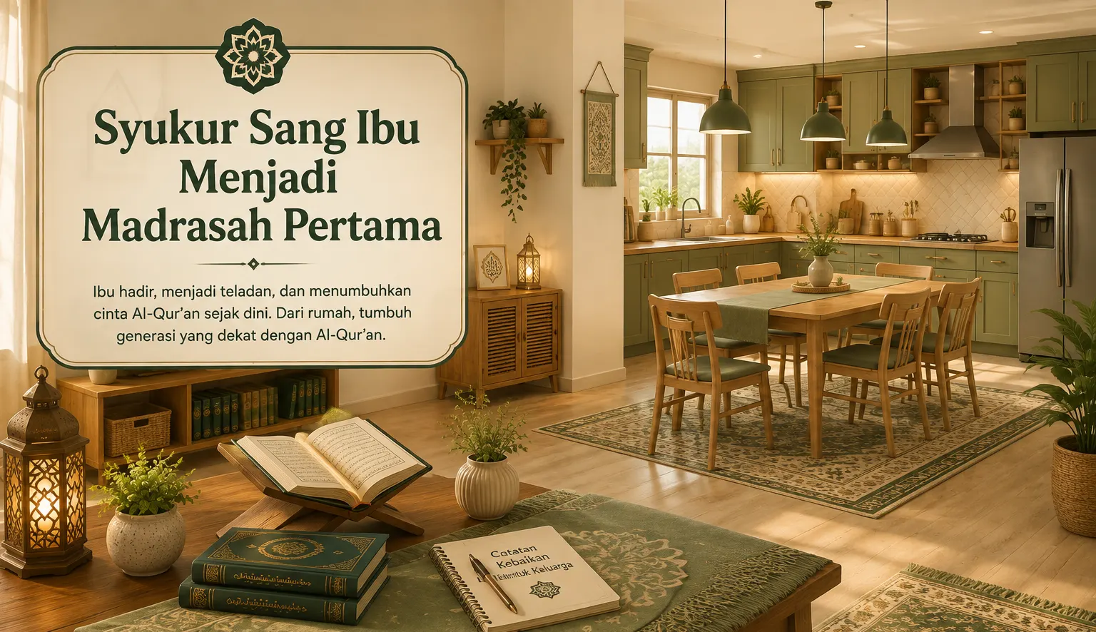 Ilustrasi suasana rumah sederhana yang menggambarkan peran ibu dalam mendampingi pendidikan Al-Qur'an anak
